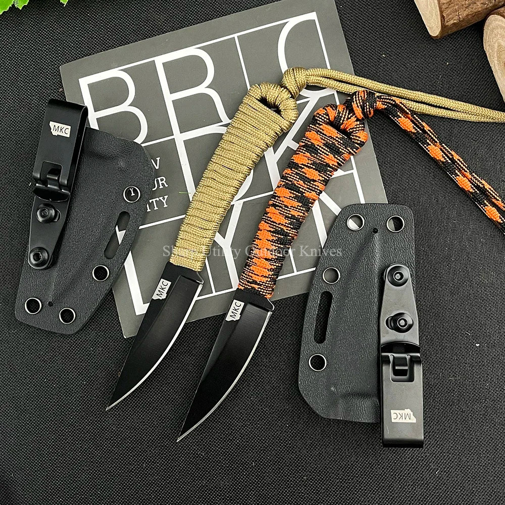 MKC 440C Blade Small Pocket Fixed Blade Knife with Sheath Ultra-sharp Hunting Camping Jungle Survival Tools Nylon Rope Handle