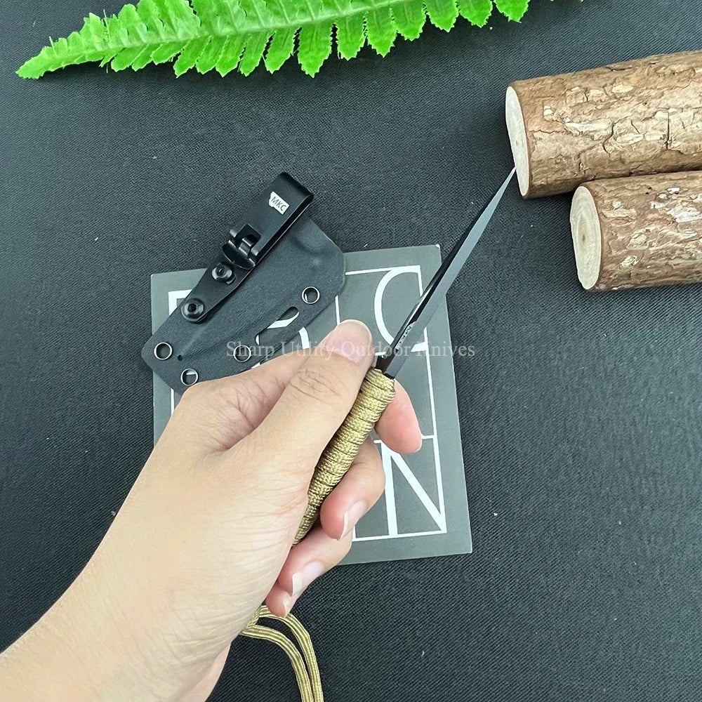 MKC 440C Blade Small Pocket Fixed Blade Knife with Sheath Ultra-sharp Hunting Camping Jungle Survival Tools Nylon Rope Handle