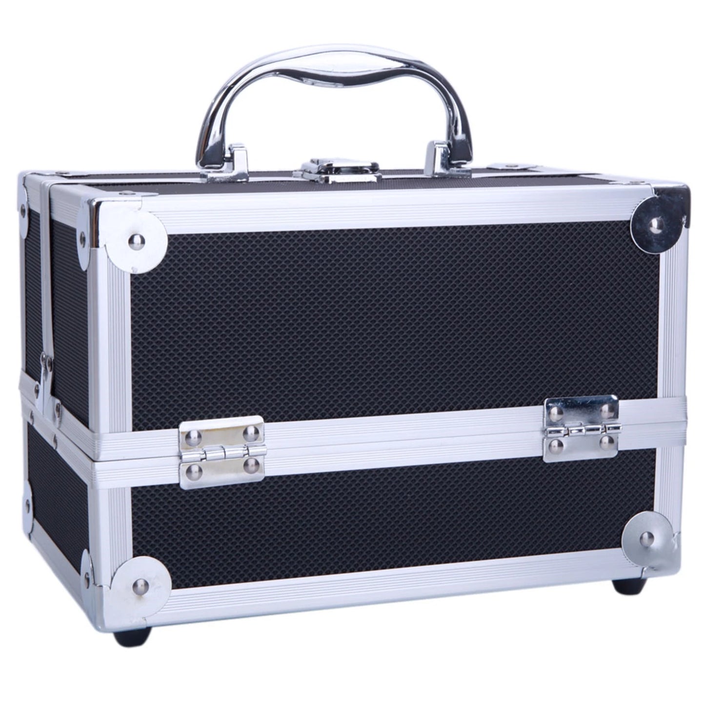 SM-2176 Aluminum Makeup Train Case Jewelry Box Cosmetic Organizer with Mirror 9"x6"x6" Black