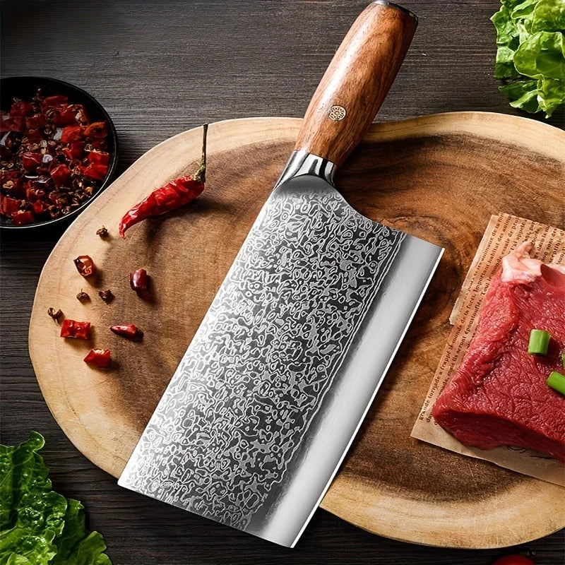1pc Damascus Japan Kitchen Knife, Professional Japanese VG-10 Steel Meat Cleaver Knife for Meat Cutting, Sharp Hand Forged Meat