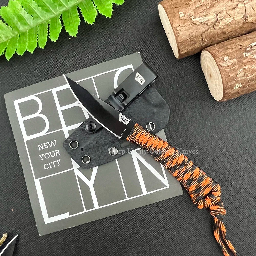 MKC 440C Blade Small Pocket Fixed Blade Knife with Sheath Ultra-sharp Hunting Camping Jungle Survival Tools Nylon Rope Handle
