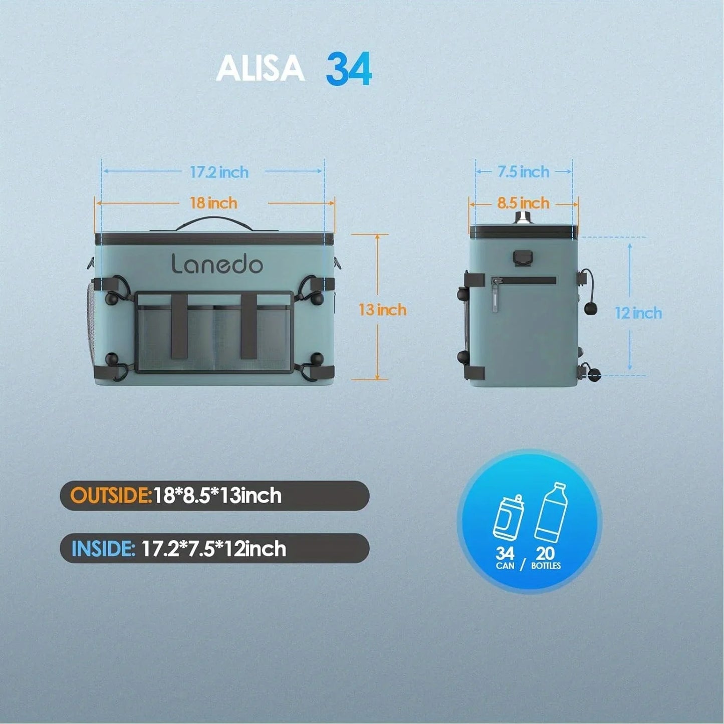 34/28-Can Lanedo Soft-Sided Cooler-Collapsible, Waterproof, Ice Chest or Travel Cooler for Food Shopping, Camping, Fishing