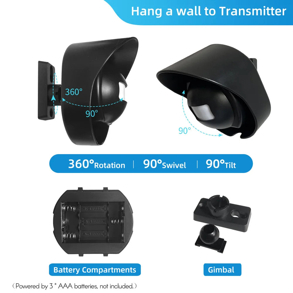 Multifunctional Wireless Driveway Alarm Waterproof Outdoor Motion Sensor Alarm 1 Receiver 2 Transmitters with 38 Chimes 200m/ 65