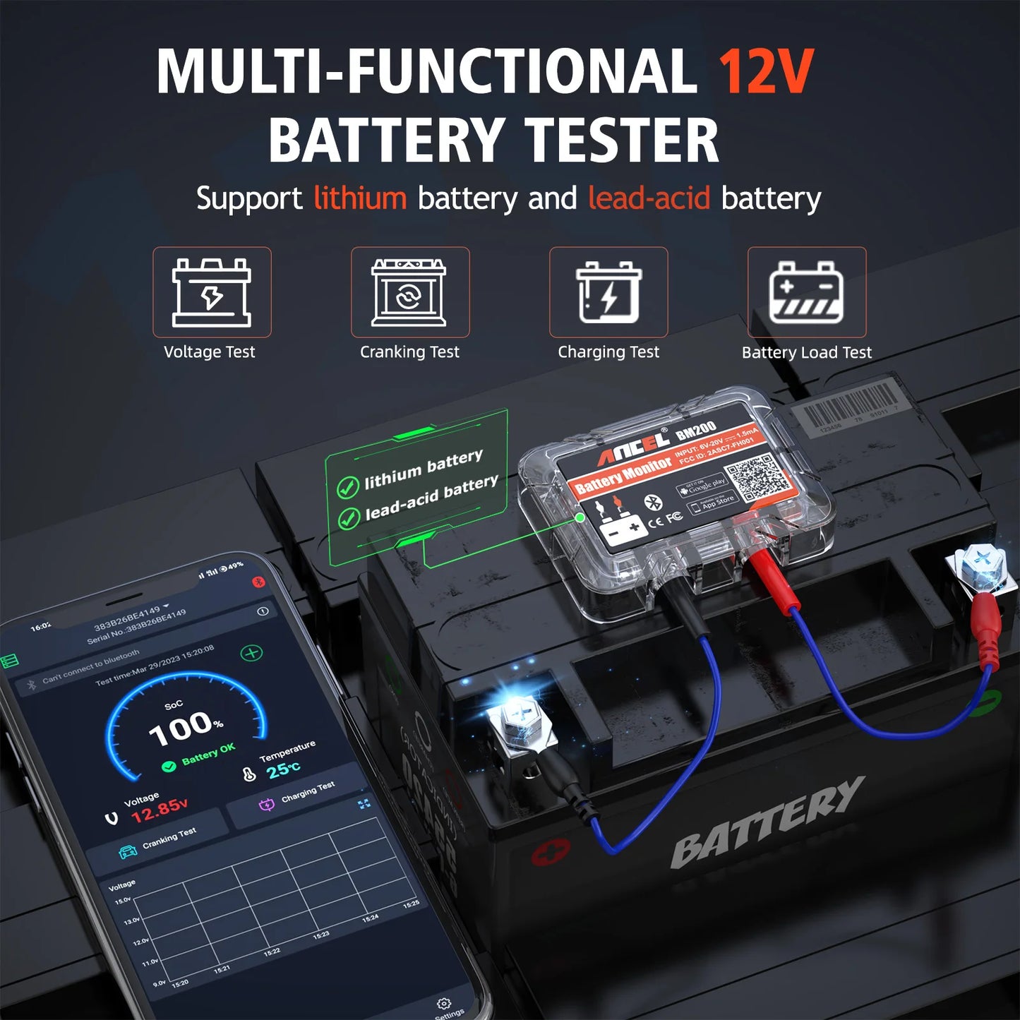 ANCEL BM200 12V Battery Monitor Wireless Bluetooth Auto Battery Health APP Monitoring Battery Tester Tools For Android IOS