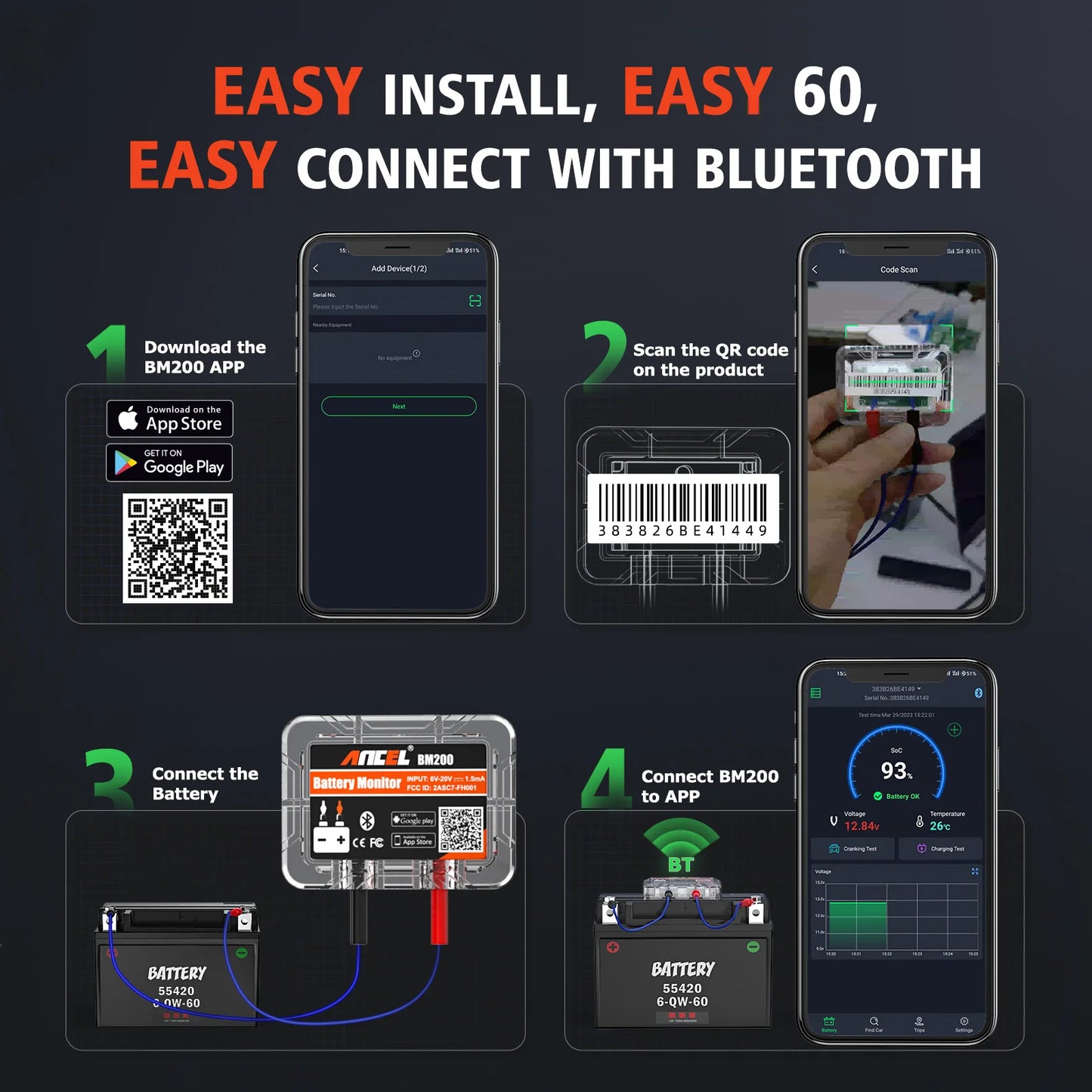 ANCEL BM200 12V Battery Monitor Wireless Bluetooth Auto Battery Health APP Monitoring Battery Tester Tools For Android IOS