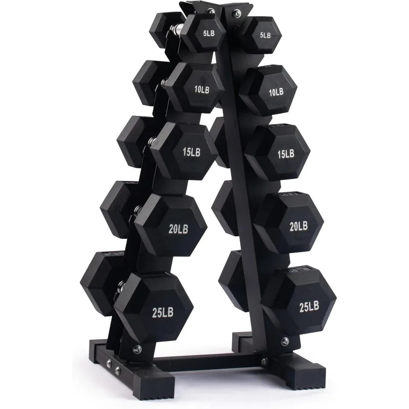 Dumbbell Set with Rack - Neoprene Coated Weights with Stand - Hex Color Coded Dumbell Pairs 1-20 LBs