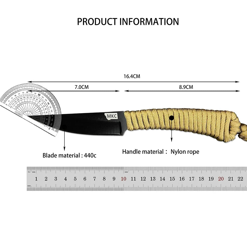 MKC 440C Blade Small Pocket Fixed Blade Knife with Sheath Ultra-sharp Hunting Camping Jungle Survival Tools Nylon Rope Handle