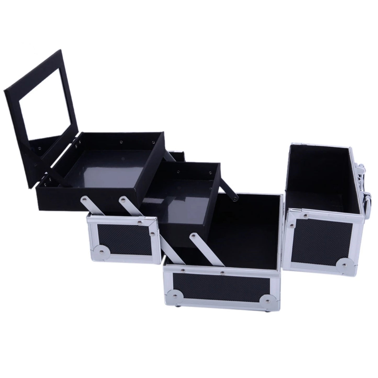 SM-2176 Aluminum Makeup Train Case Jewelry Box Cosmetic Organizer with Mirror 9"x6"x6" Black