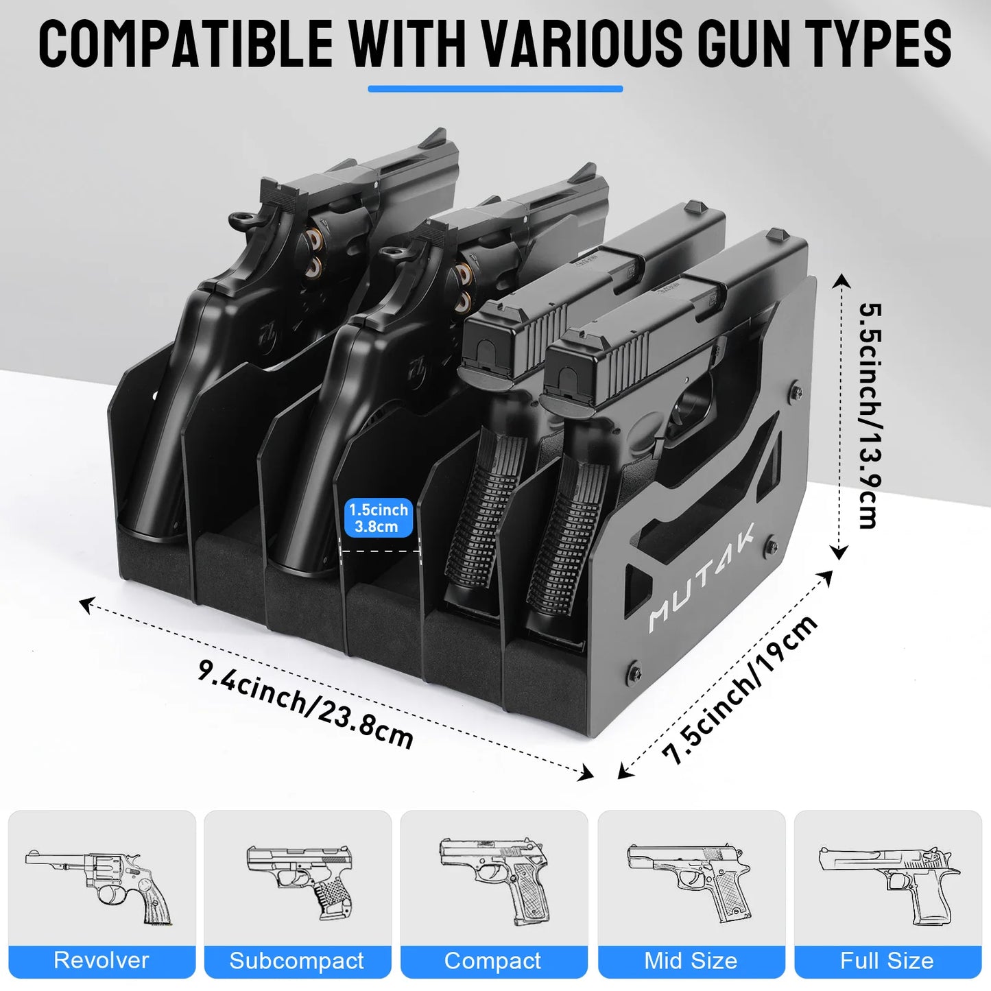 4/6/8 Slot Foam Pistol Rack for Gun Safe,Handgun Rack with Anti-slip Magnetic Strip,Firearm Revolver Storage Pistols Holder