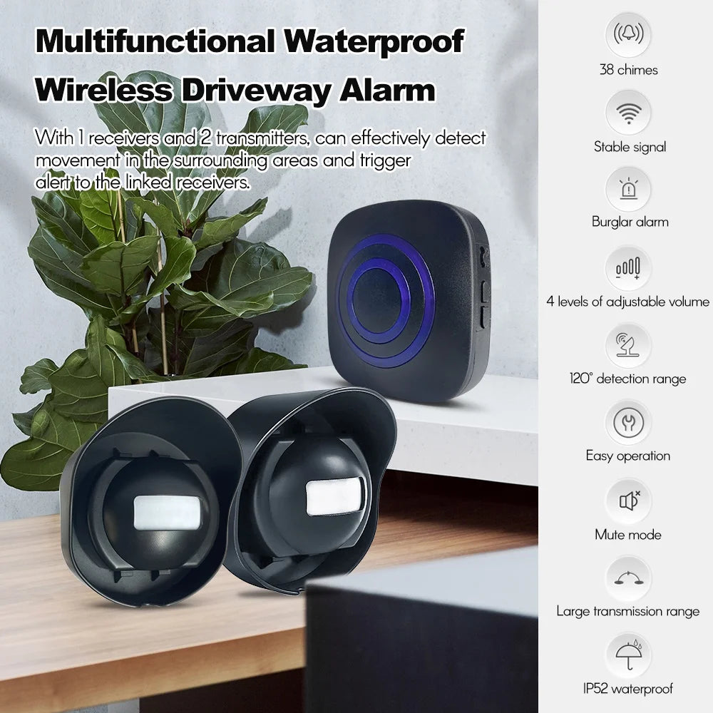 Multifunctional Wireless Driveway Alarm Waterproof Outdoor Motion Sensor Alarm 1 Receiver 2 Transmitters with 38 Chimes 200m/ 65