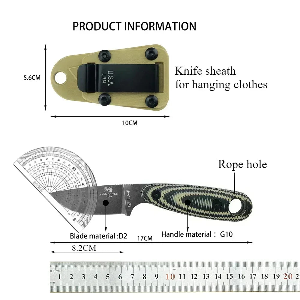 ESEE Izula Bushcraft Multi-purpose Fixed Blade Survival Knife D2 Steel G10 Handle with Rope Hole Sheath Outdoor Multitools Knife