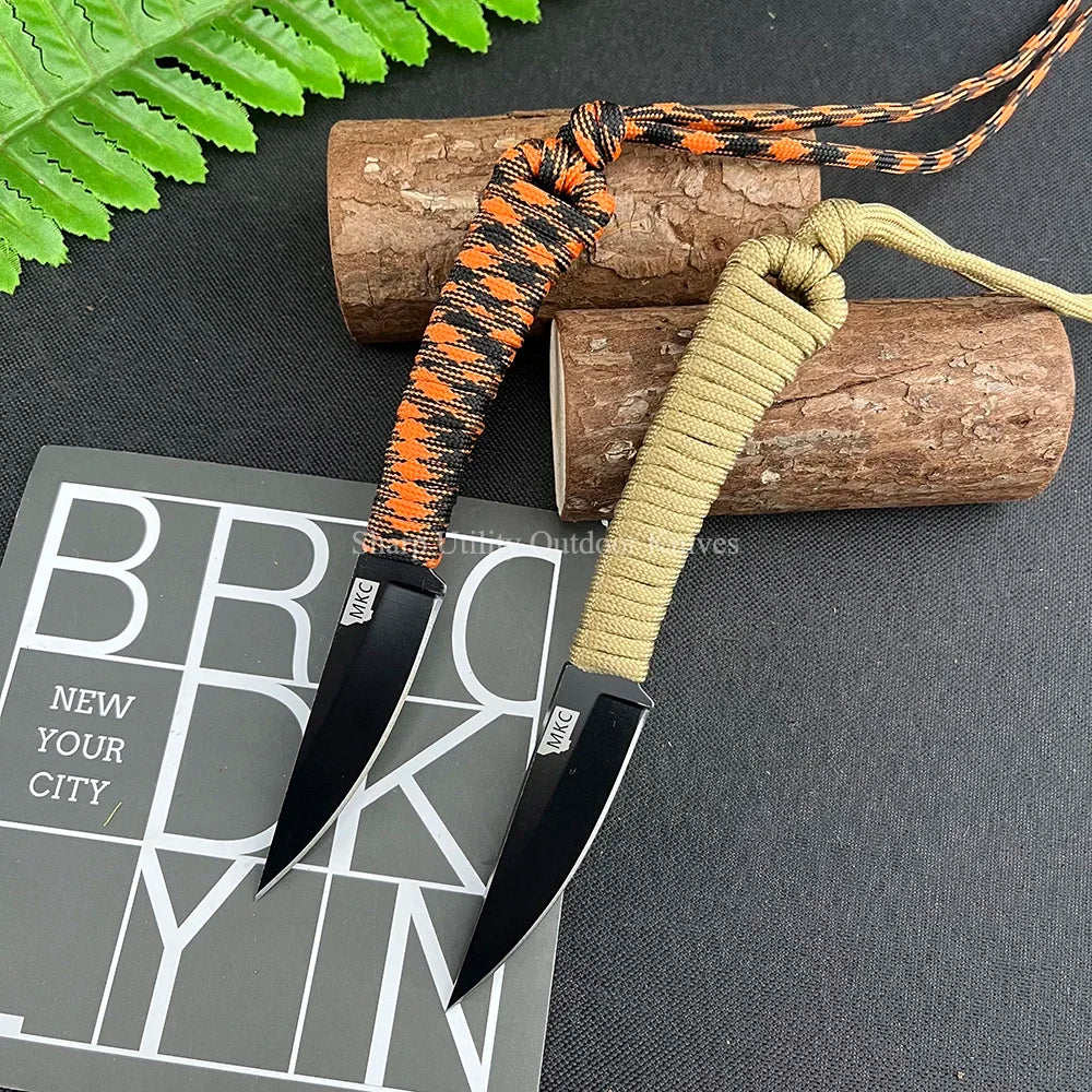 MKC 440C Blade Small Pocket Fixed Blade Knife with Sheath Ultra-sharp Hunting Camping Jungle Survival Tools Nylon Rope Handle