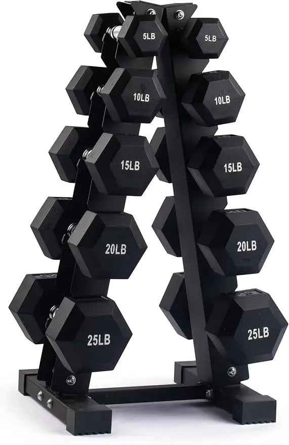Dumbbell Set with Rack - Neoprene Coated Weights with Stand - Hex Color Coded Dumbell Pairs 1-20 LBs