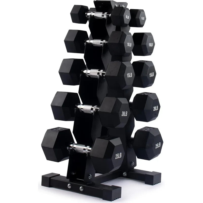 Dumbbell Set with Rack - Neoprene Coated Weights with Stand - Hex Color Coded Dumbell Pairs 1-20 LBs