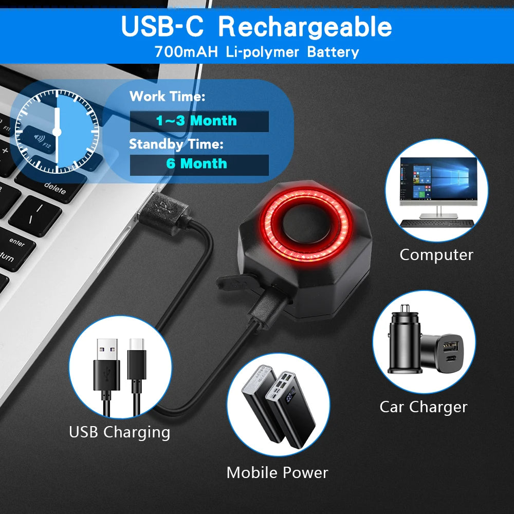 Awapow Bicycle Taillight Alarm Burglar Bike Light USB Charging Smart Auto Brake Sensing Waterproof Anti Theft Smart Bicycle Lamp