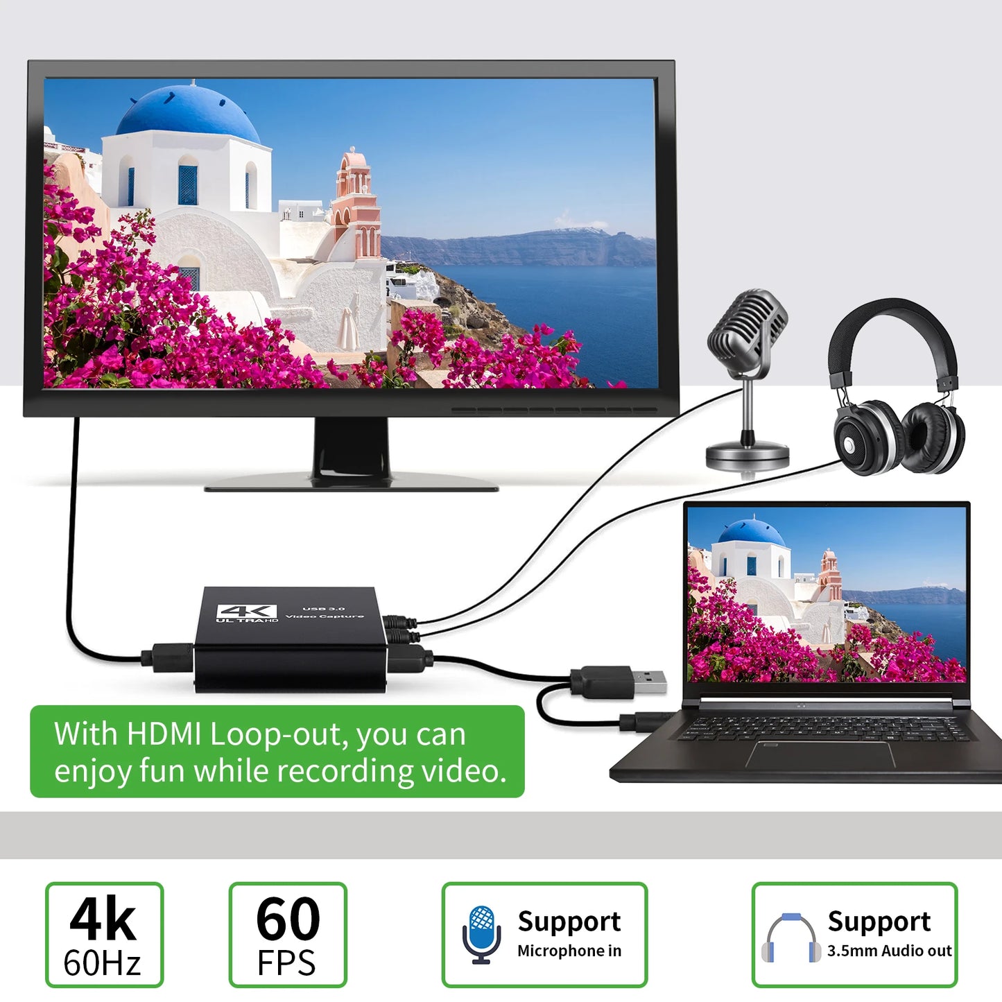 Audio and video game capture card 4K 1080P 60FPS, HDMI to USB 3.0 capture card, used for streaming with PS4/PC/OBS/camera
