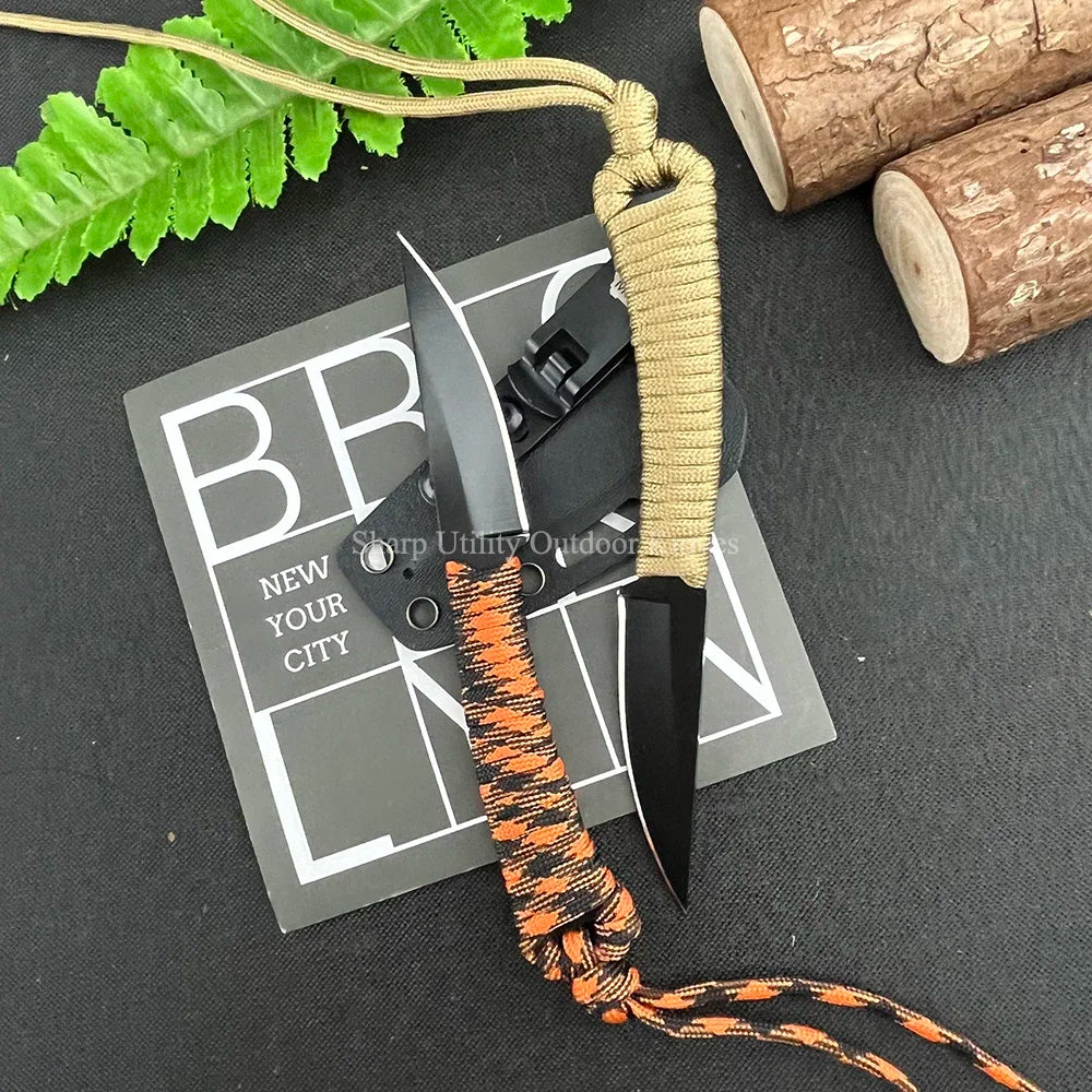 MKC 440C Blade Small Pocket Fixed Blade Knife with Sheath Ultra-sharp Hunting Camping Jungle Survival Tools Nylon Rope Handle
