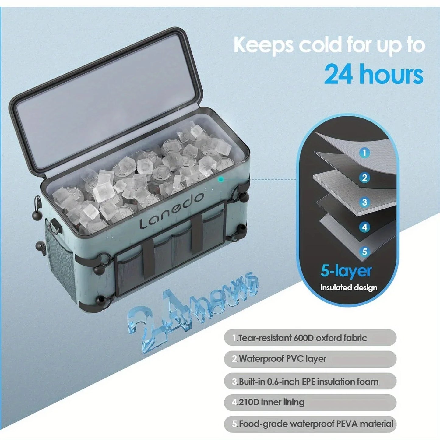 34/28-Can Lanedo Soft-Sided Cooler-Collapsible, Waterproof, Ice Chest or Travel Cooler for Food Shopping, Camping, Fishing