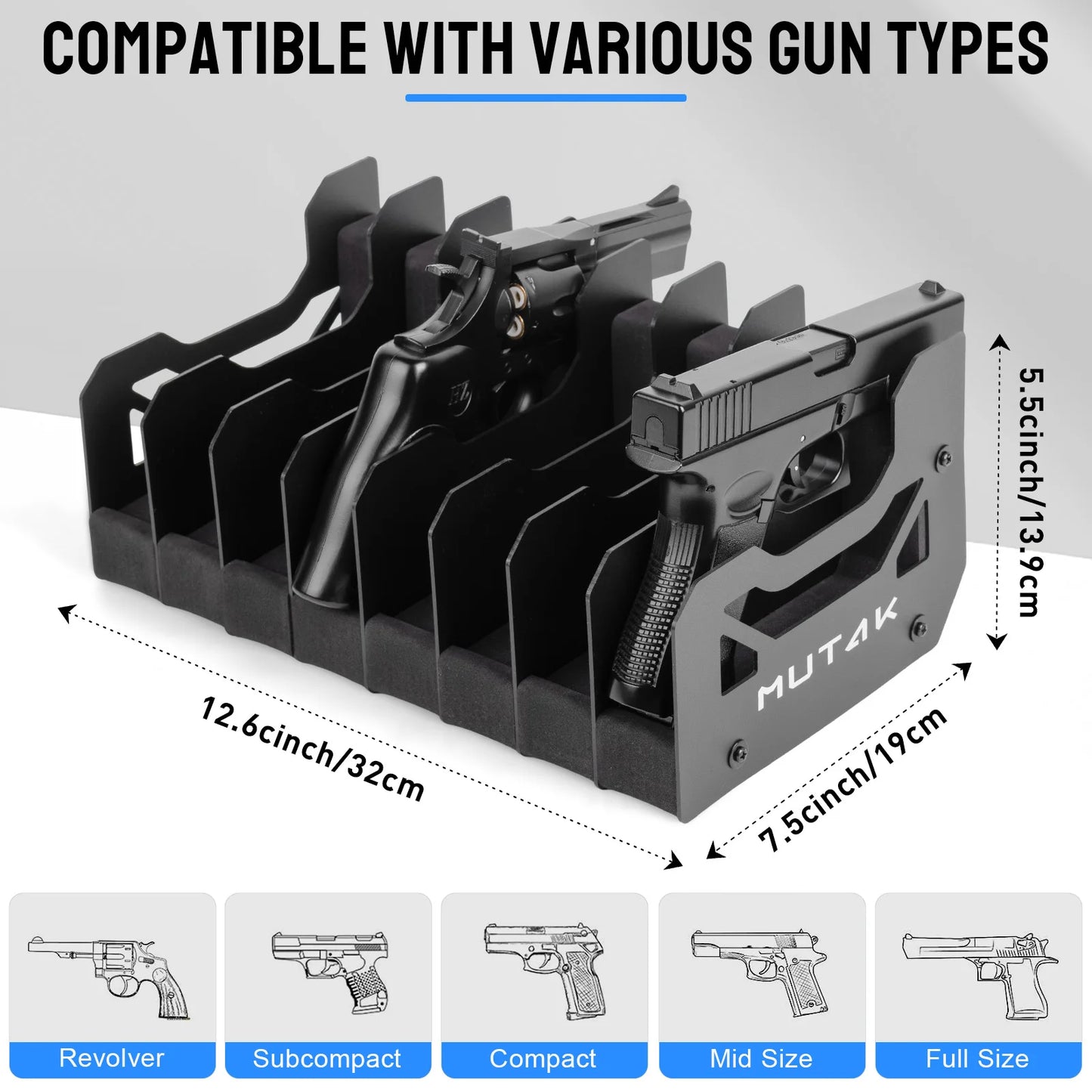 4/6/8 Slot Foam Pistol Rack for Gun Safe,Handgun Rack with Anti-slip Magnetic Strip,Firearm Revolver Storage Pistols Holder