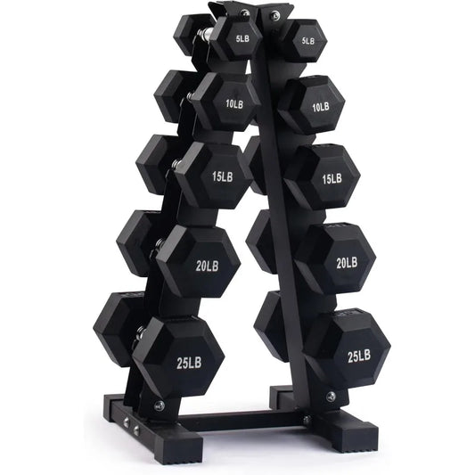 Dumbbell Set with Rack - Neoprene Coated Weights with Stand - Hex Color Coded Dumbell Pairs 1-20 LBs