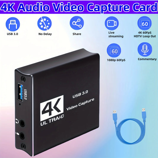 Audio and video game capture card 4K 1080P 60FPS, HDMI to USB 3.0 capture card, used for streaming with PS4/PC/OBS/camera